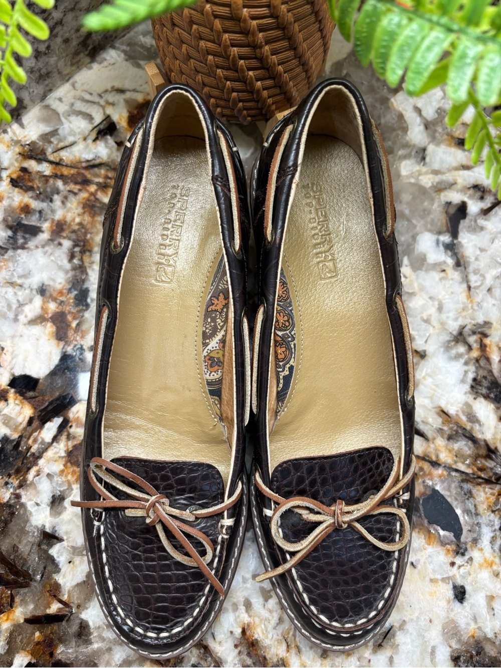 Sperry Dark Brown Textured Leather Moccasin Wedges with Tan Bow - Picture 3 of 9
